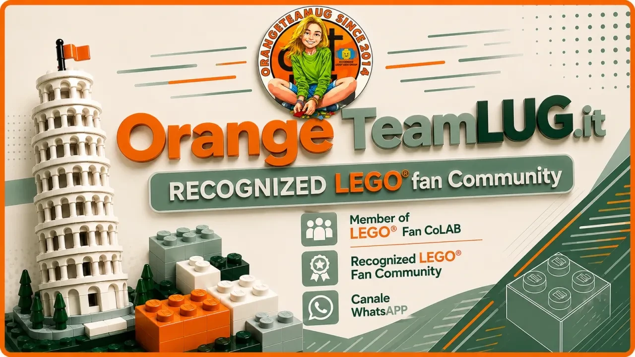 immagine in cui si vede si vede una torre di pisa il nome orangeteam pisa e la scritta recognized lego fan community
