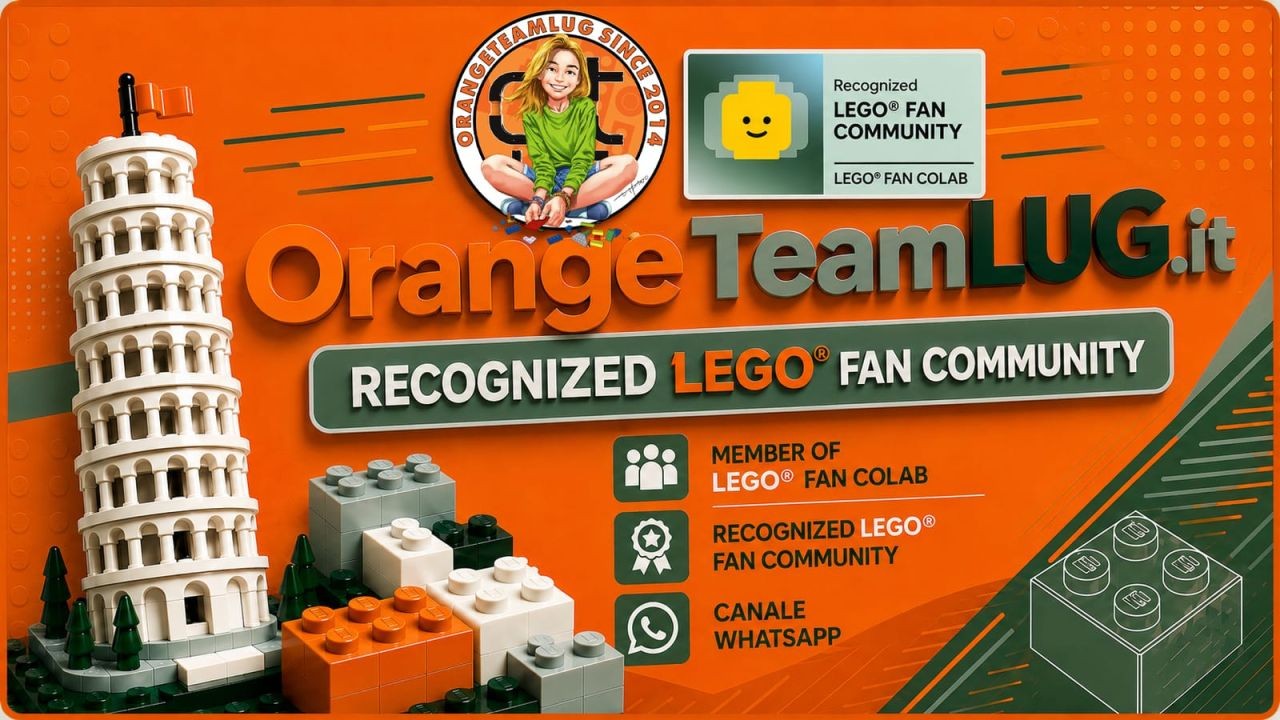 immagine in cui si vede si vede una torre di pisa il nome orangeteam pisa e la scritta recognized lego fan community
